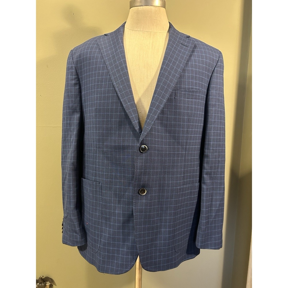 Allen Edmonds Wool Blue Plaid Check Blazer Jacket Mens Sz 46R Office Business